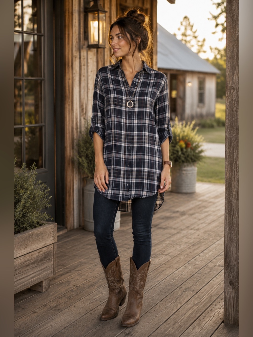 Sam Edelman Plaid Tunic Shirt Navy Blue Roll Tab XS